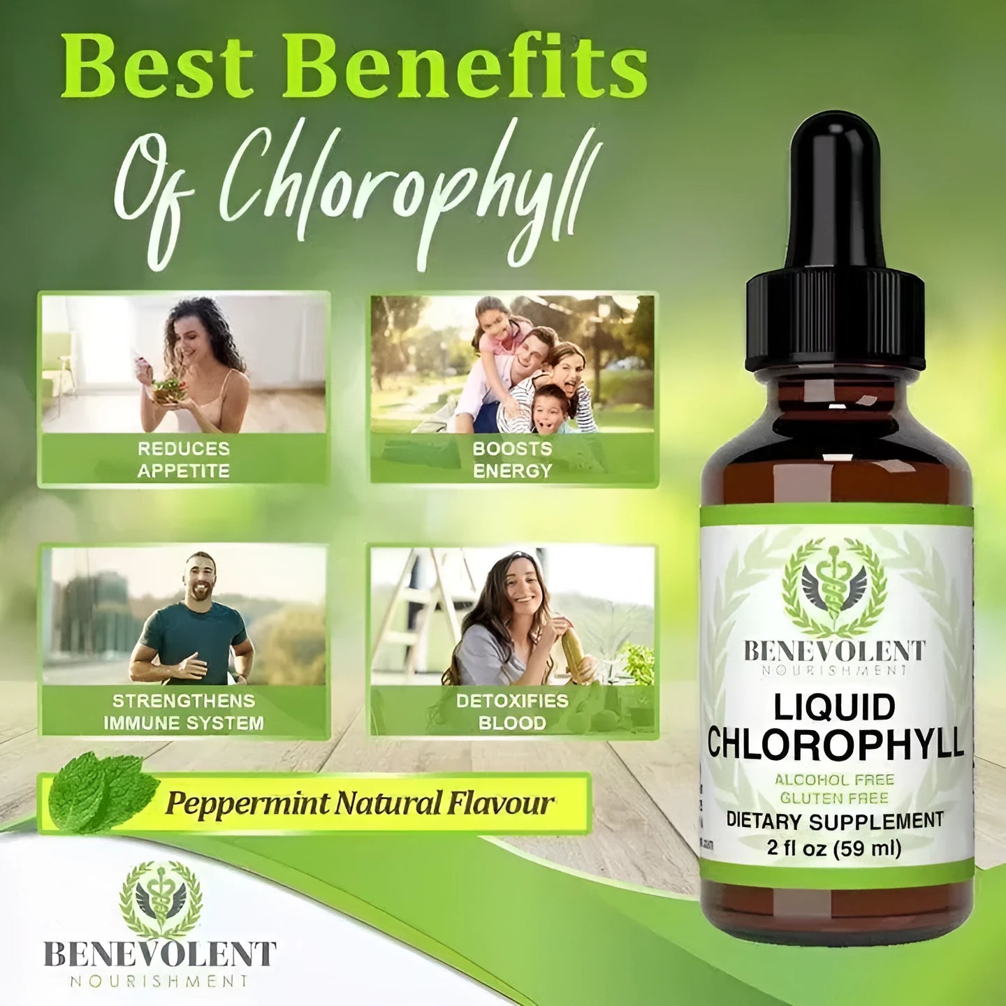 60 ml bottle of liquid chlorophyll drops with peppermint oil and a dropper for adult digestive support.