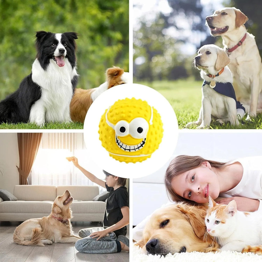Latex face ball dog toy in green orange yellow colours with smiley design