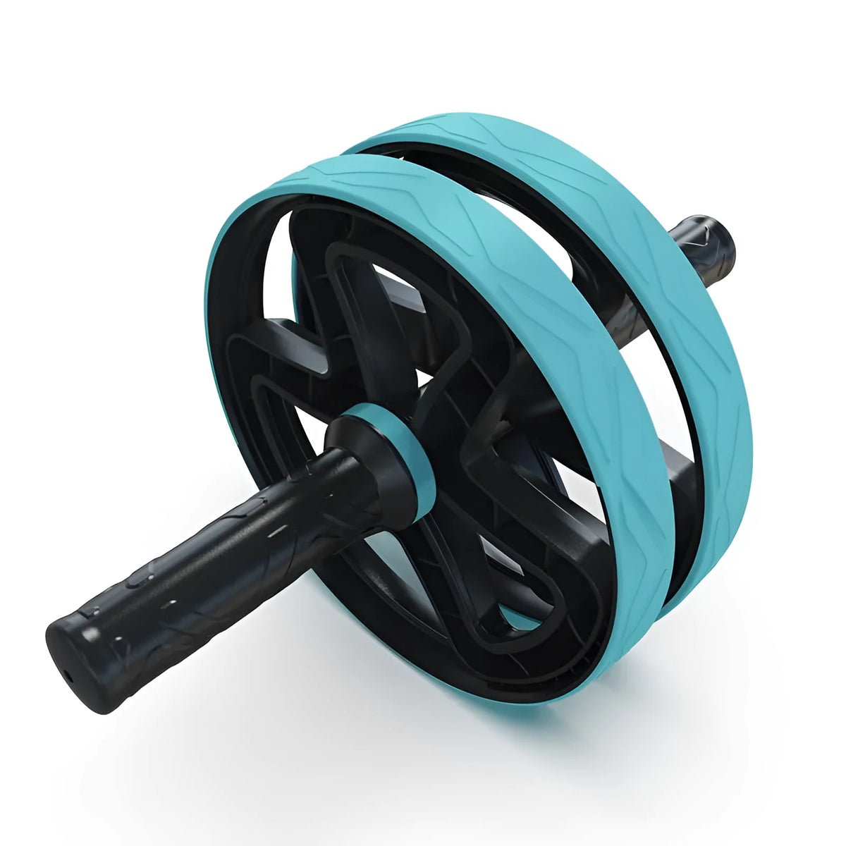 Blue double wheel abdominal roller on floor for core exercises