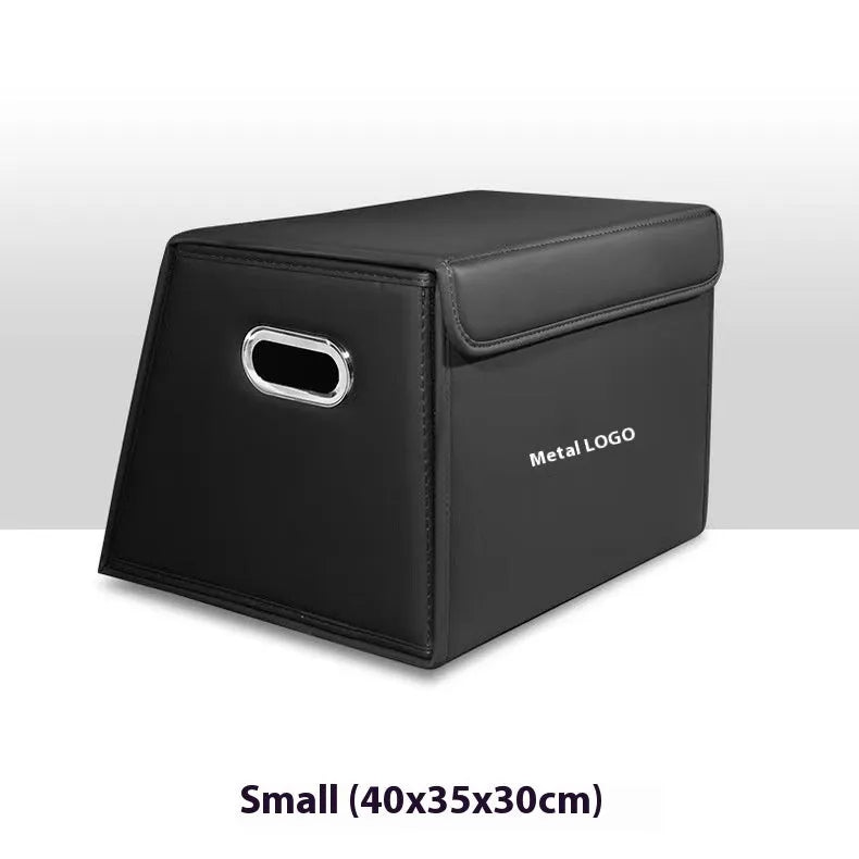 Folding waterproof leather car trunk storage organiser in black medium size on a boot floor