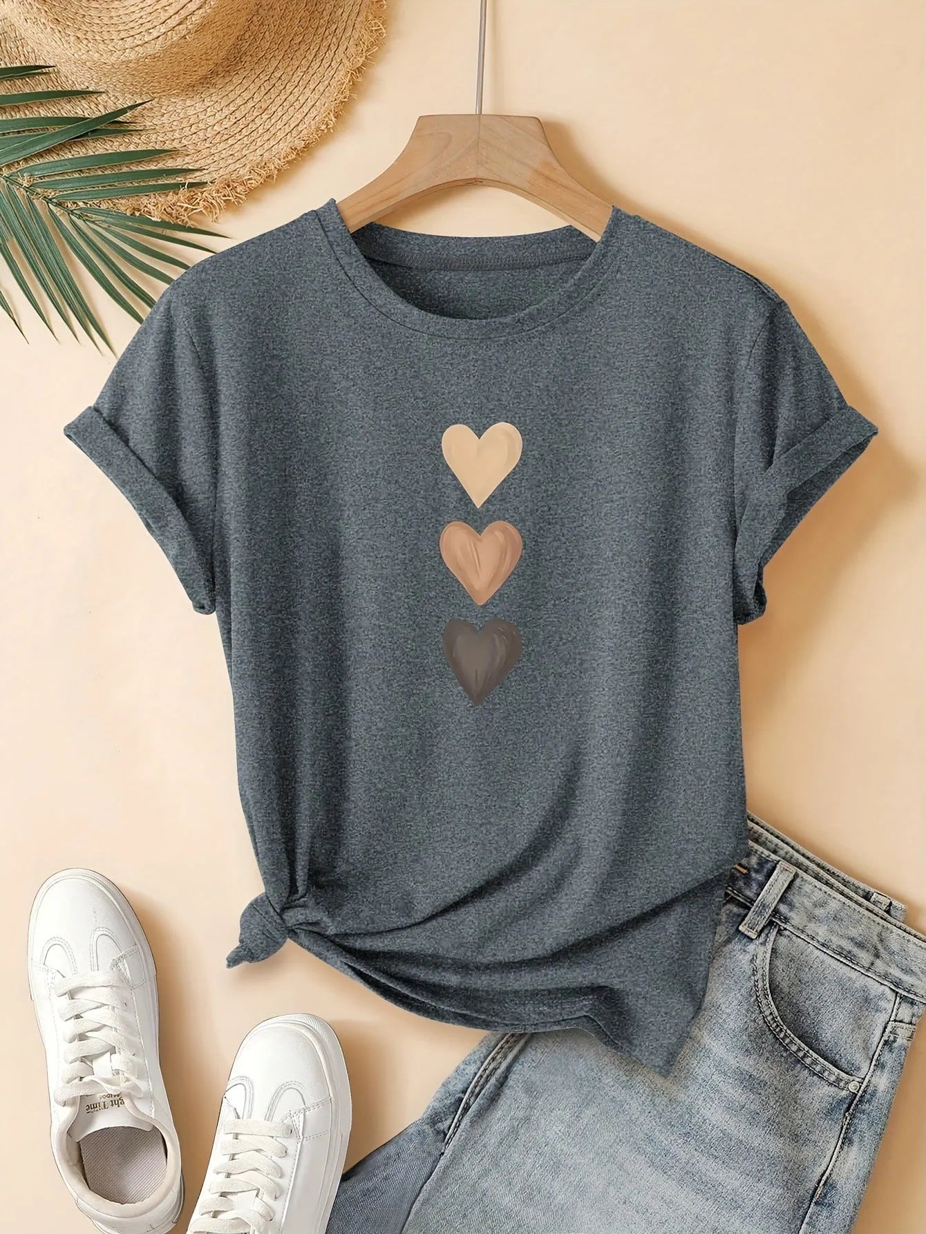 Women's pure cotton t-shirt with three heart print in Chinese retro style, short sleeves, round neck