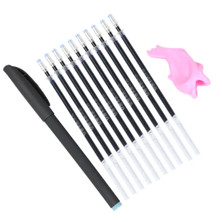 Household portable ink pen set with 0.5mm blue tip, plastic body, and eight refill cores