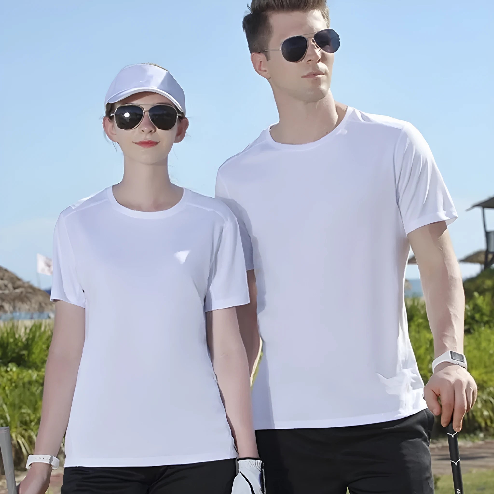 Men's black and white loose fit cotton t-shirt showing front view with round neck design