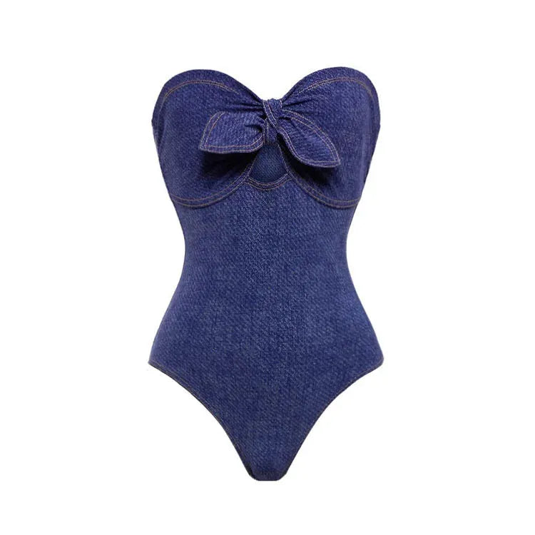 Women's vintage denim colour one-piece swimsuit with matching skirt