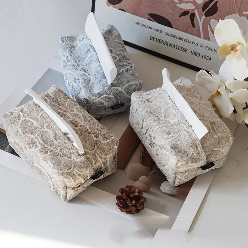 Chinese pastoral style cotton tissue box with rose print in beige, blue, or brown.
