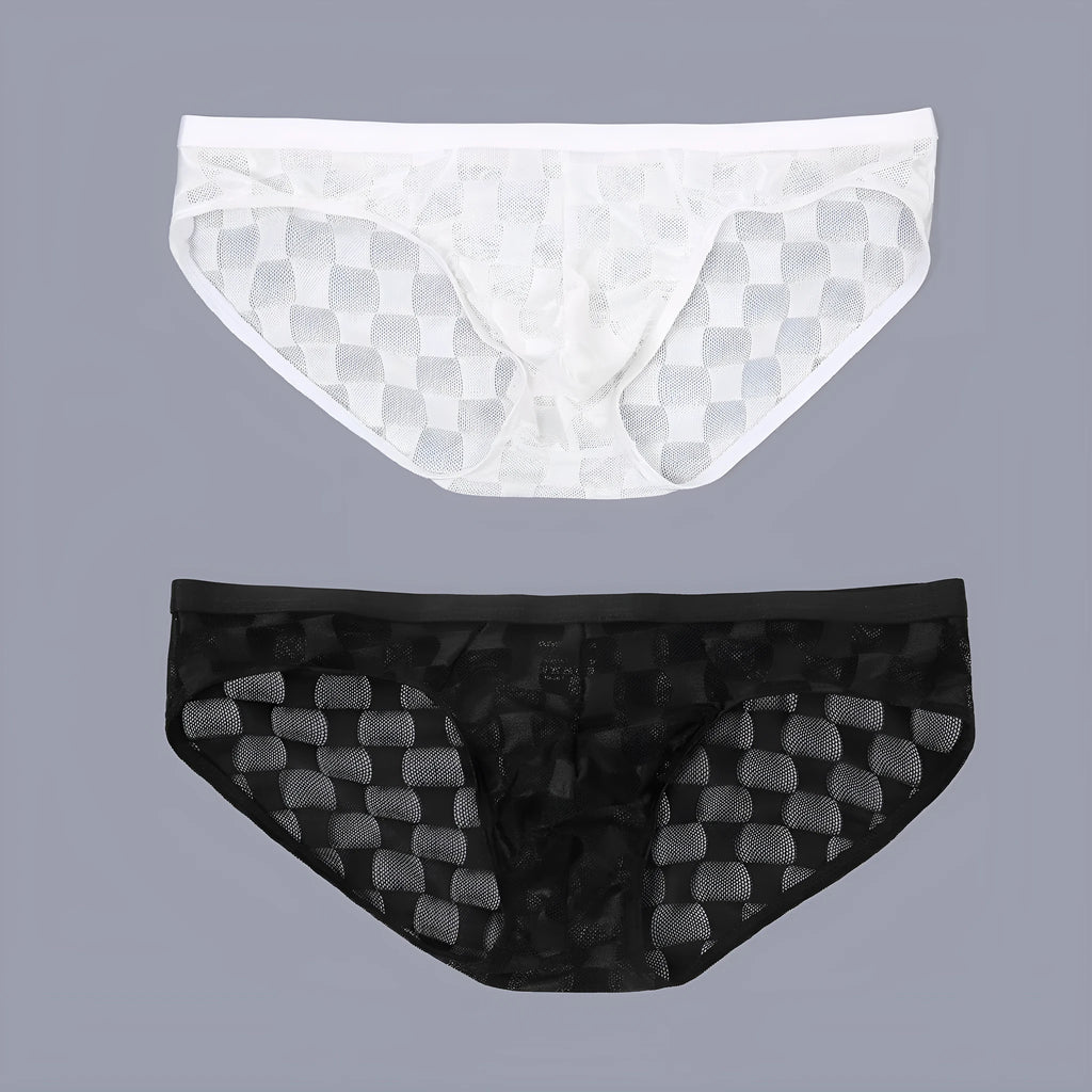 Men's black U-convex plaid mesh underpants showing breathable nylon lace fabric construction