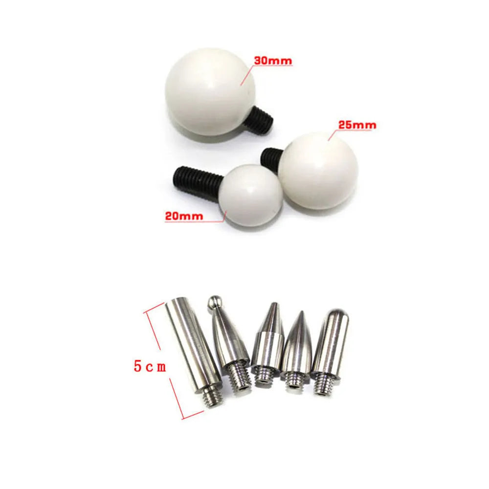 Silver spring steel car dent repair tool with single hook and sixteen replaceable heads for no-paint dent removal