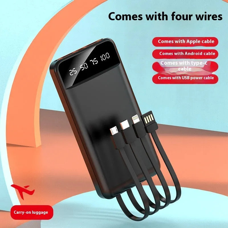 20000 mAh power bank with charging cable showing compact 140 x 71 x 17 mm dimensions and plastic shell construction