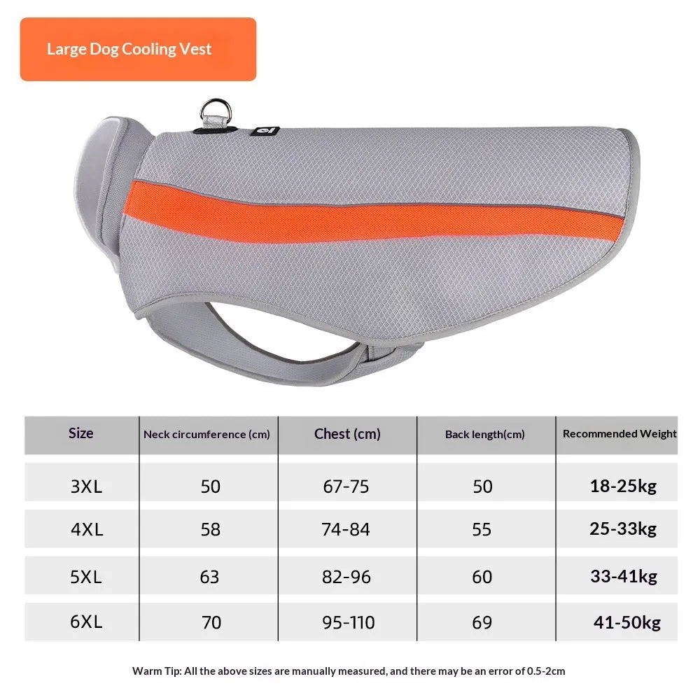 Mesh cooling vest for medium and large dogs in orange, blue or green, sizes 3XL to 6XL, unisex pet clothing