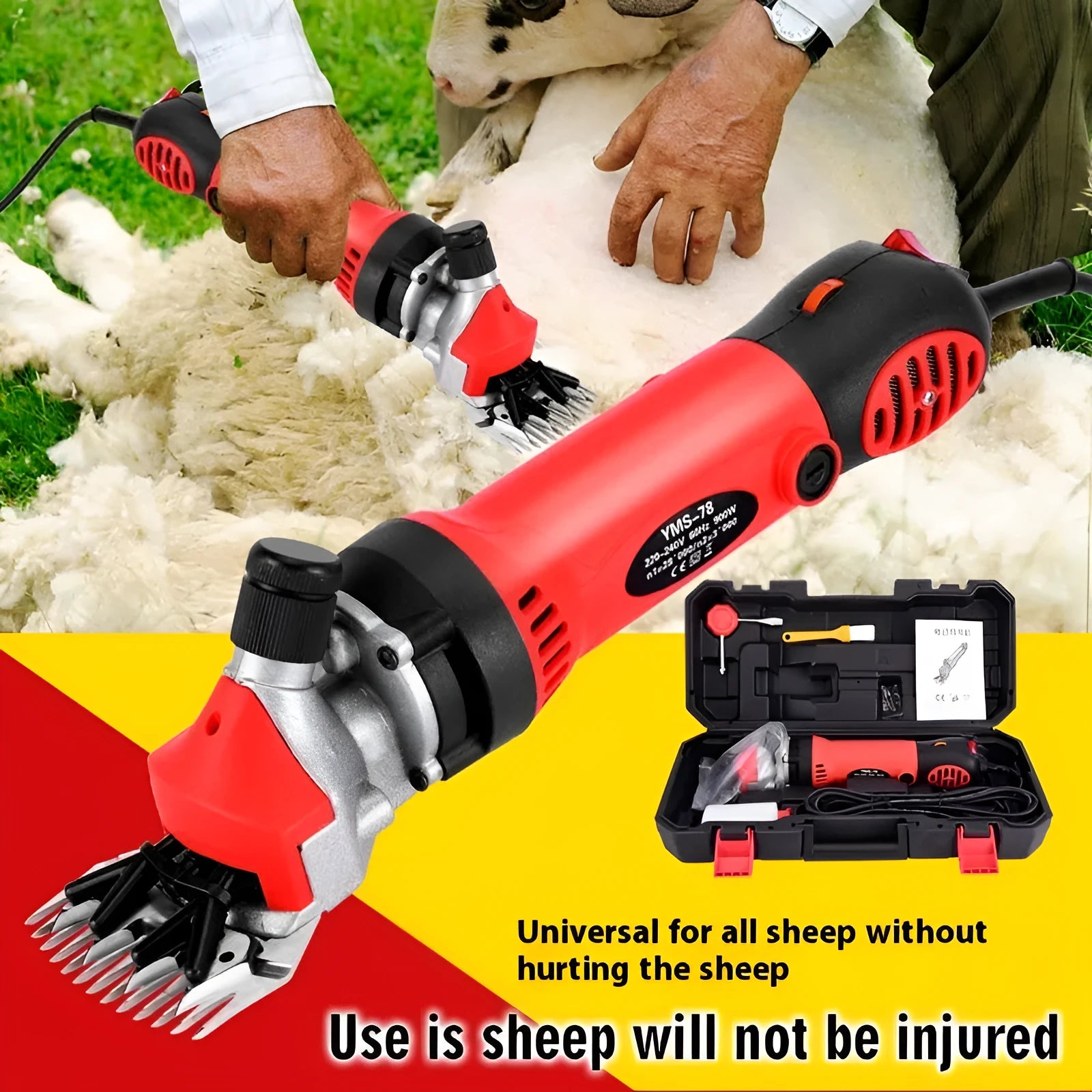 Yellow electric wool shears with 110V plug and multiple steel blades including 13-tooth straight knife