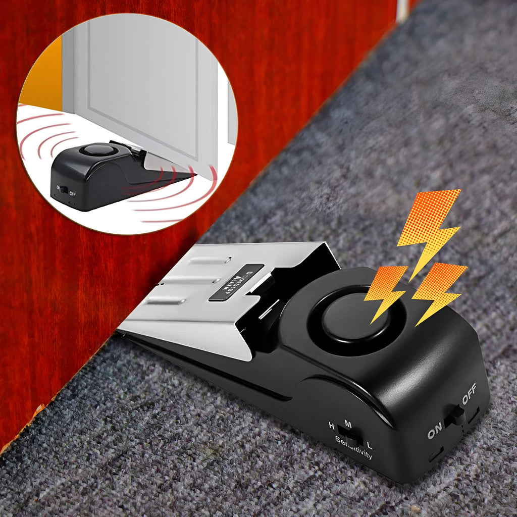 Portable wedge-shaped door stop alarm with stainless steel cover and 120 dB siren for home and travel security