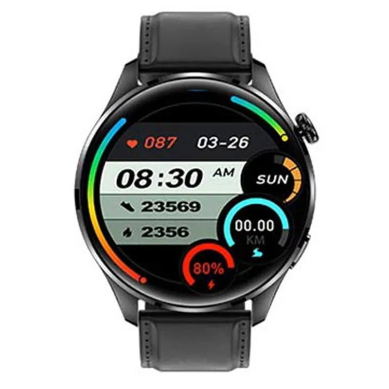 Smart watch with round colour screen on a black silicone strap showing call interface.