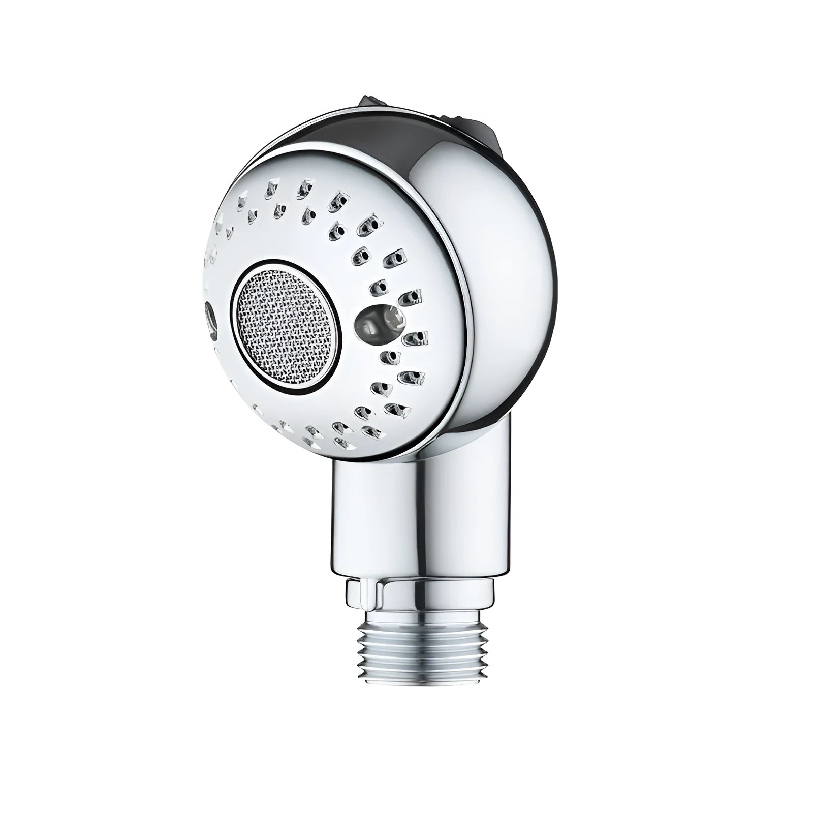 Silver coloured compact handheld shower head for gentle pet and baby baths.