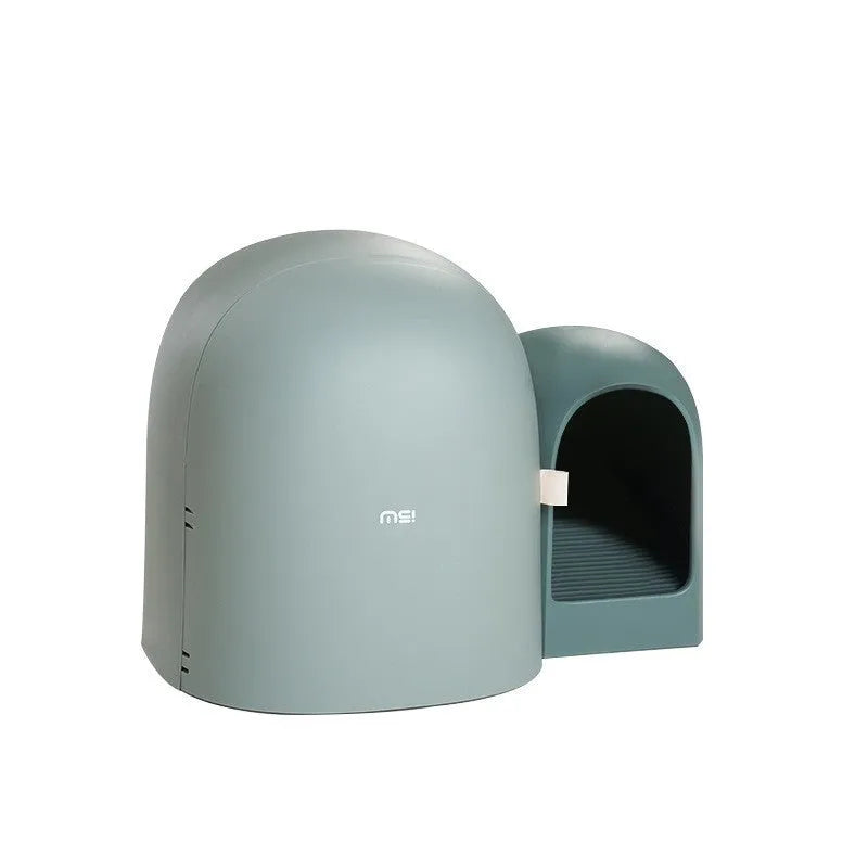 A fully enclosed, oversized cat litter box with a top-entry lid, shown in aurora white, moss green, and milk tea colour options.