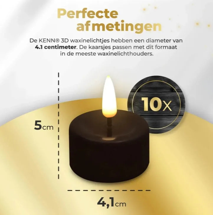 Set of four small black LED tealight candles showing their size and flameless design.