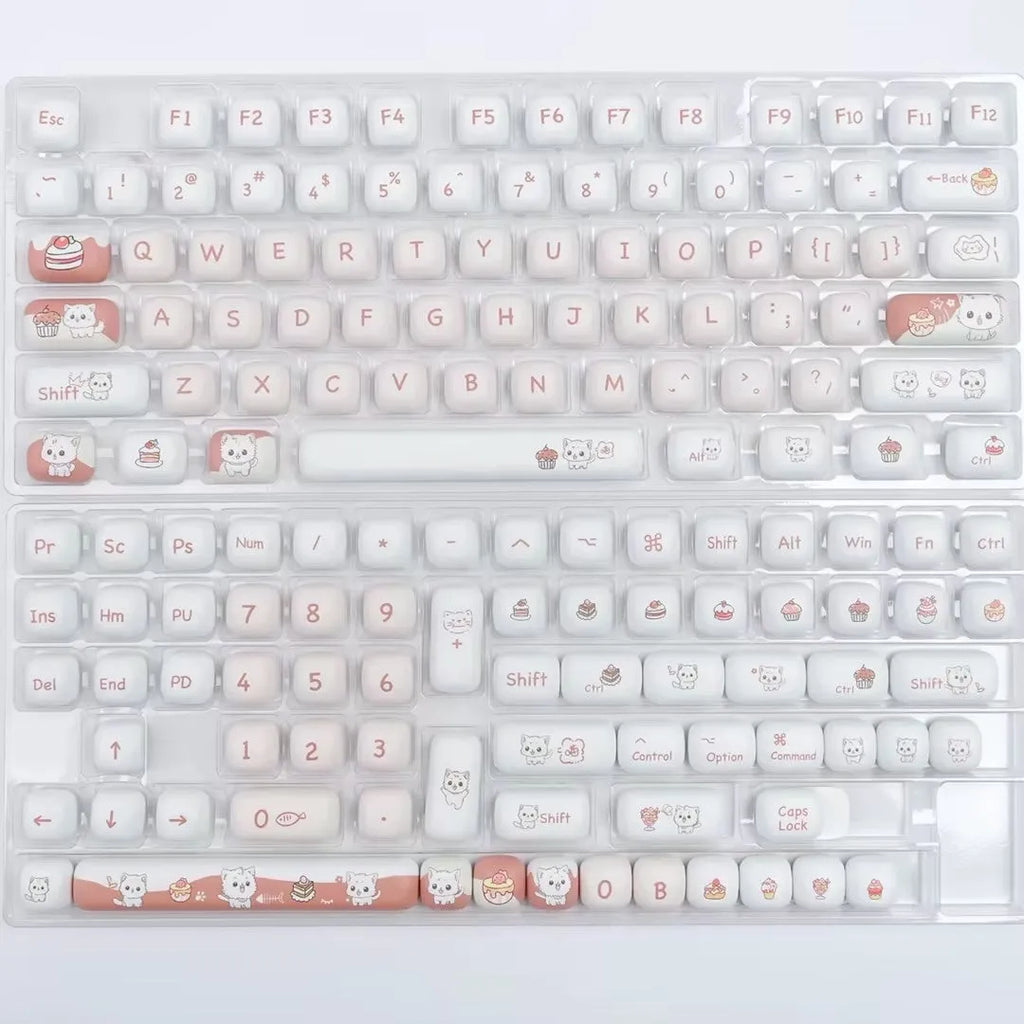 Set of colourful cartoon dessert cat key caps for a mechanical keyboard.