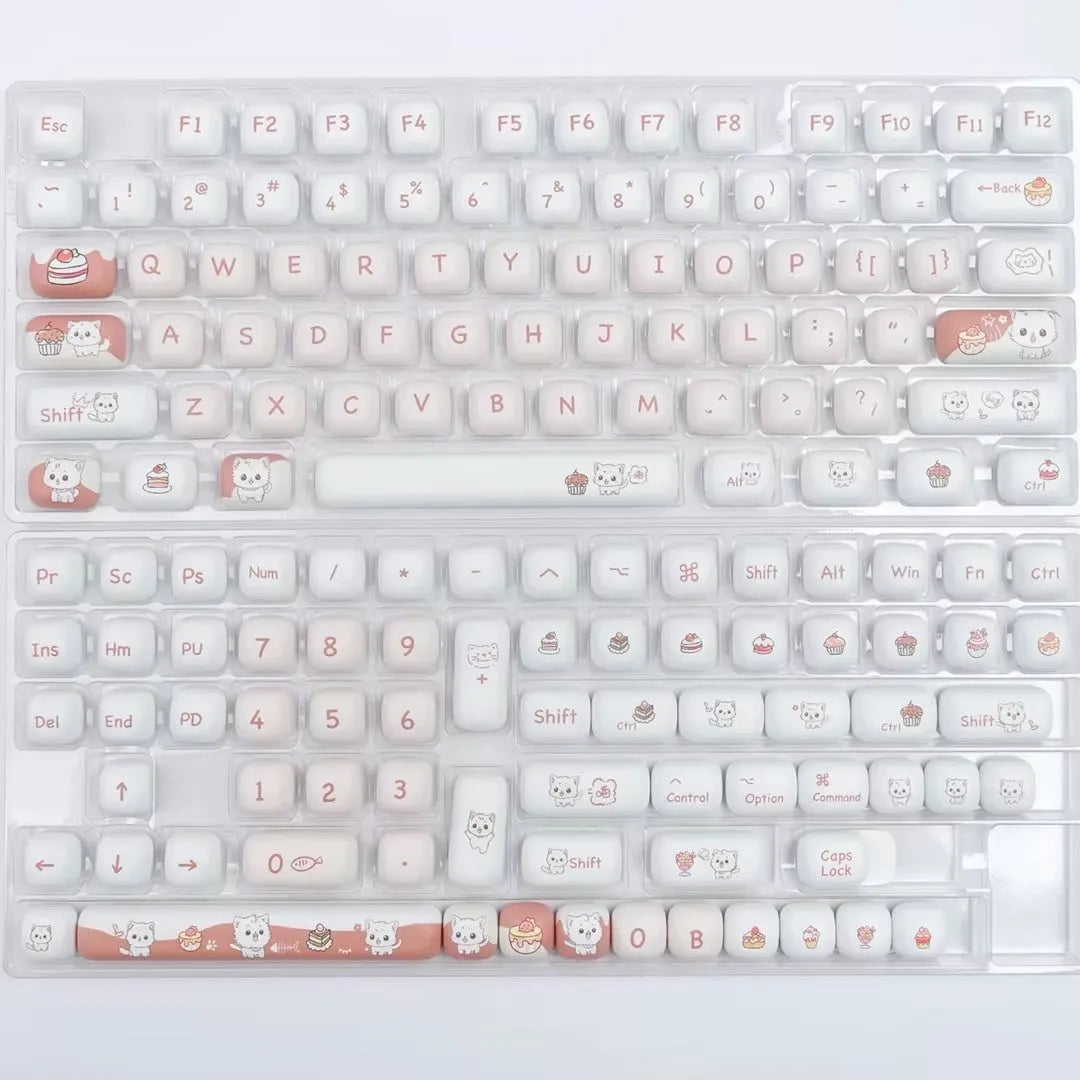 Set of colourful cartoon dessert cat key caps for a mechanical keyboard.