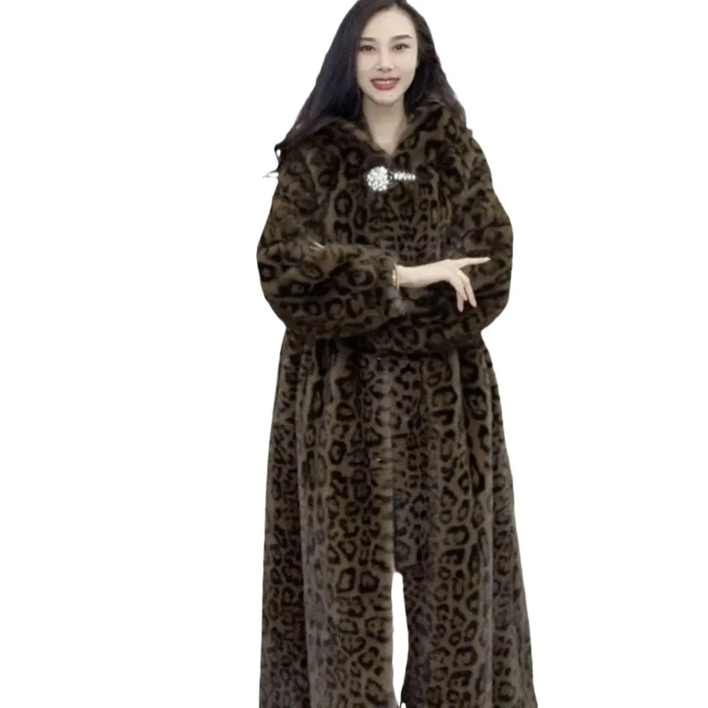Long brown leopard print faux fur coat on a hanger, showing its loose plus-size fit and full length.
