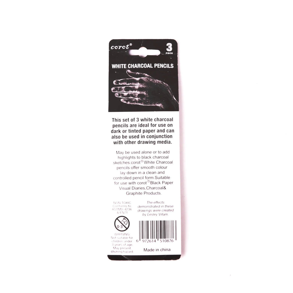 Set of three white charcoal pencils with wooden barrels for drawing on dark paper.