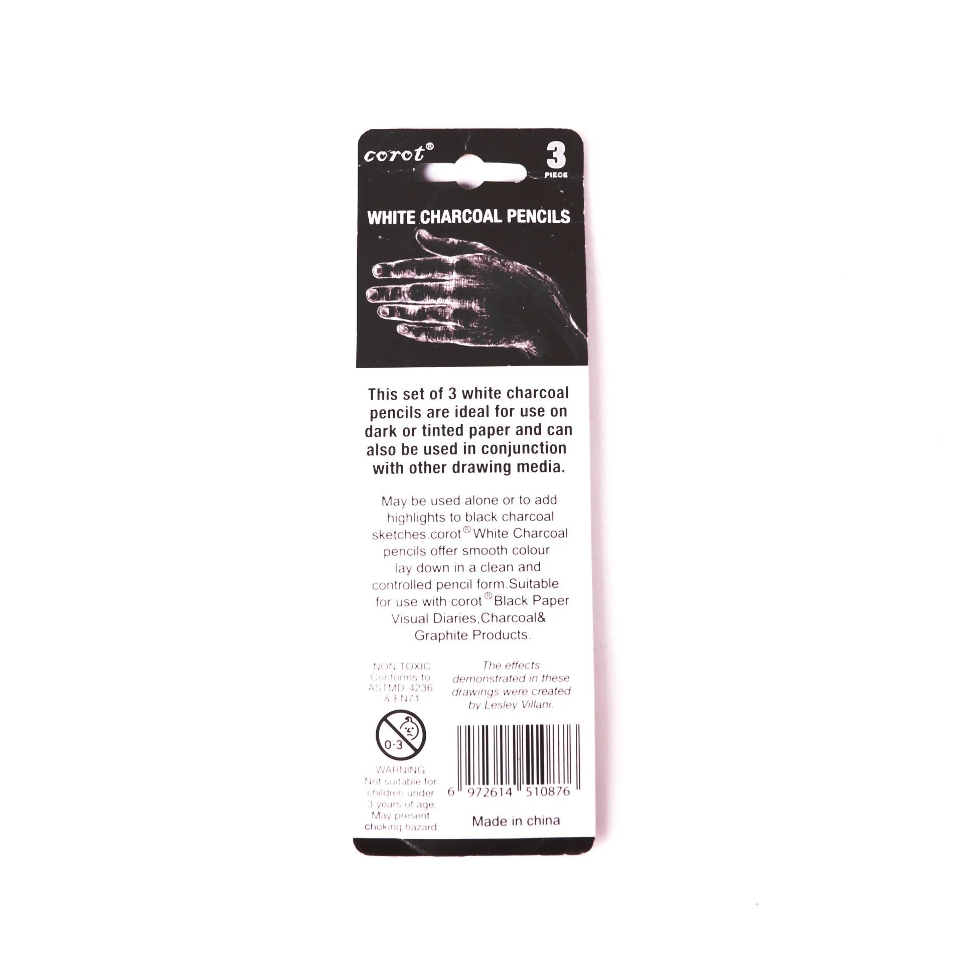 Set of three white charcoal pencils with wooden barrels for drawing on dark paper.