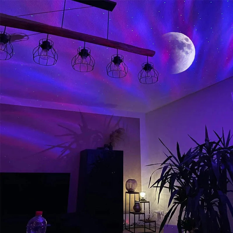 White Northern Lights galaxy star projector with remote control showing galaxy projection effects