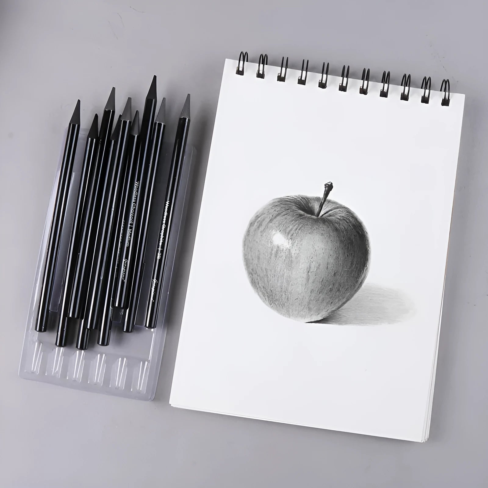 Set of graphite and carbonized wooden pencils on a suction card packaging.