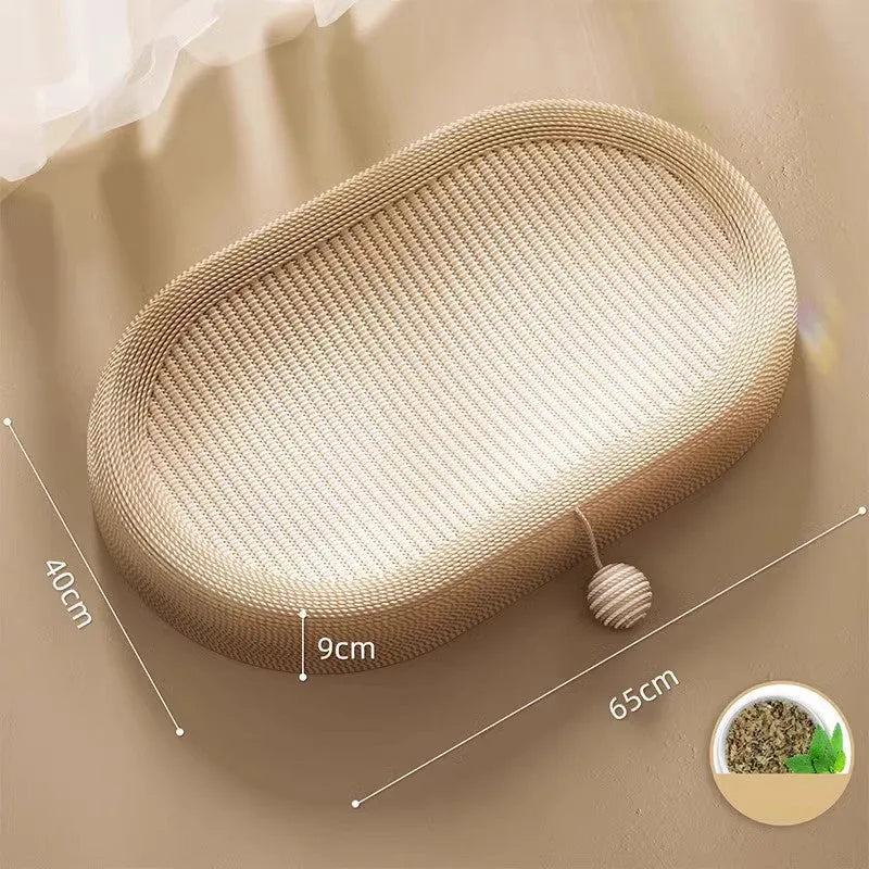 Large sisal cat scratching board with cloud-shaped lounge bed in a home setting