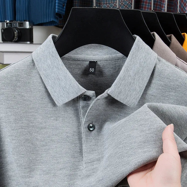 Men's casual polo collar short sleeve top in mercerized cotton, available in multiple solid colours