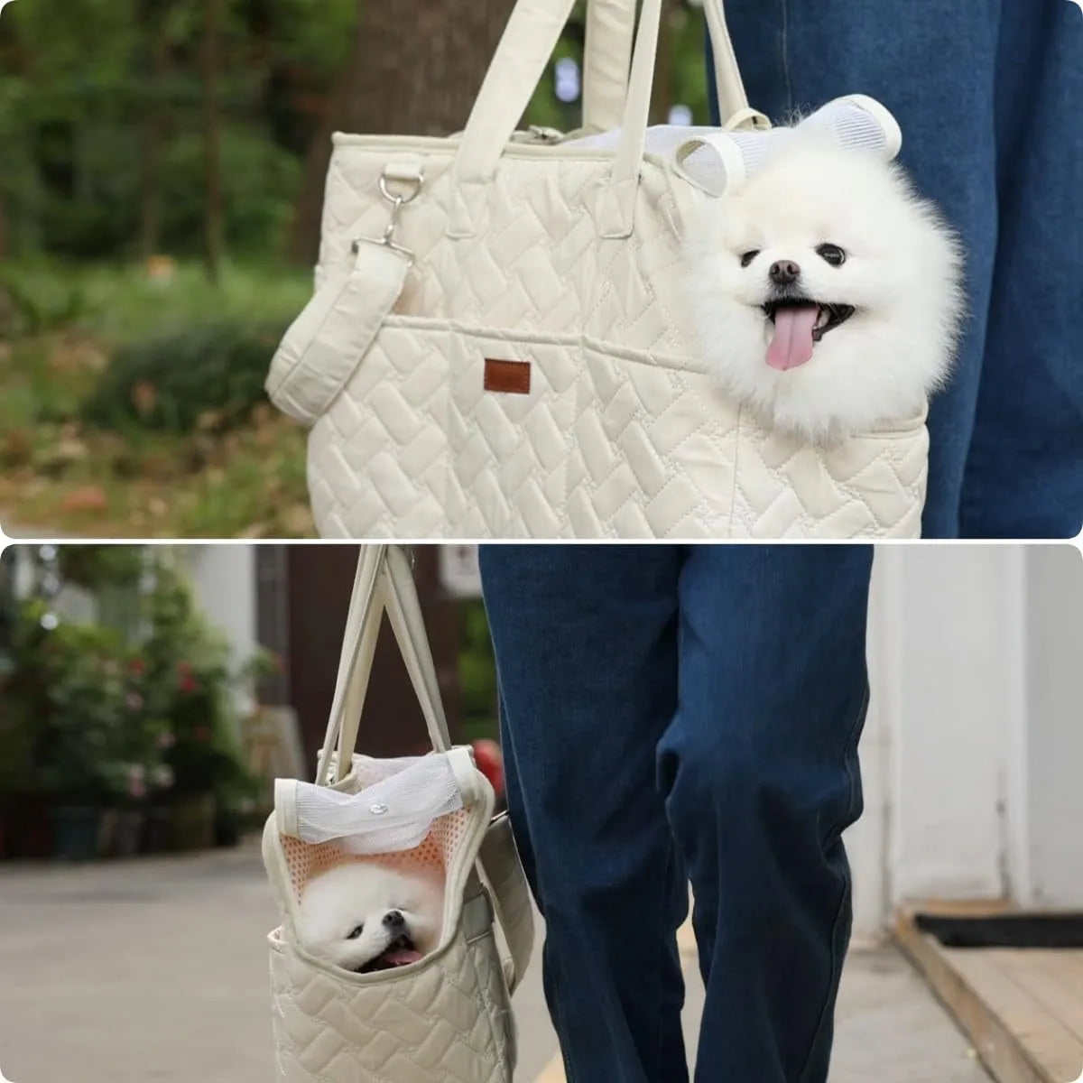 Grey pet carrier handbag with mesh windows and a safety strap, shown in a casual setting.