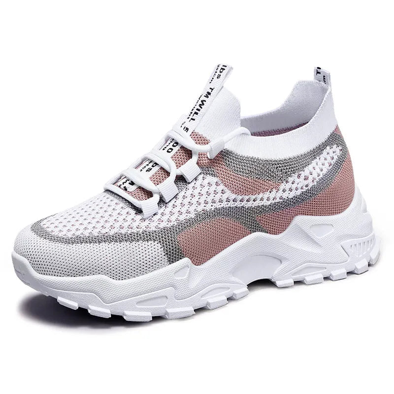 Flying Woven mesh dad shoes women's breathable lightweight soft sole casual sneakers flat heel front lace-up round toe