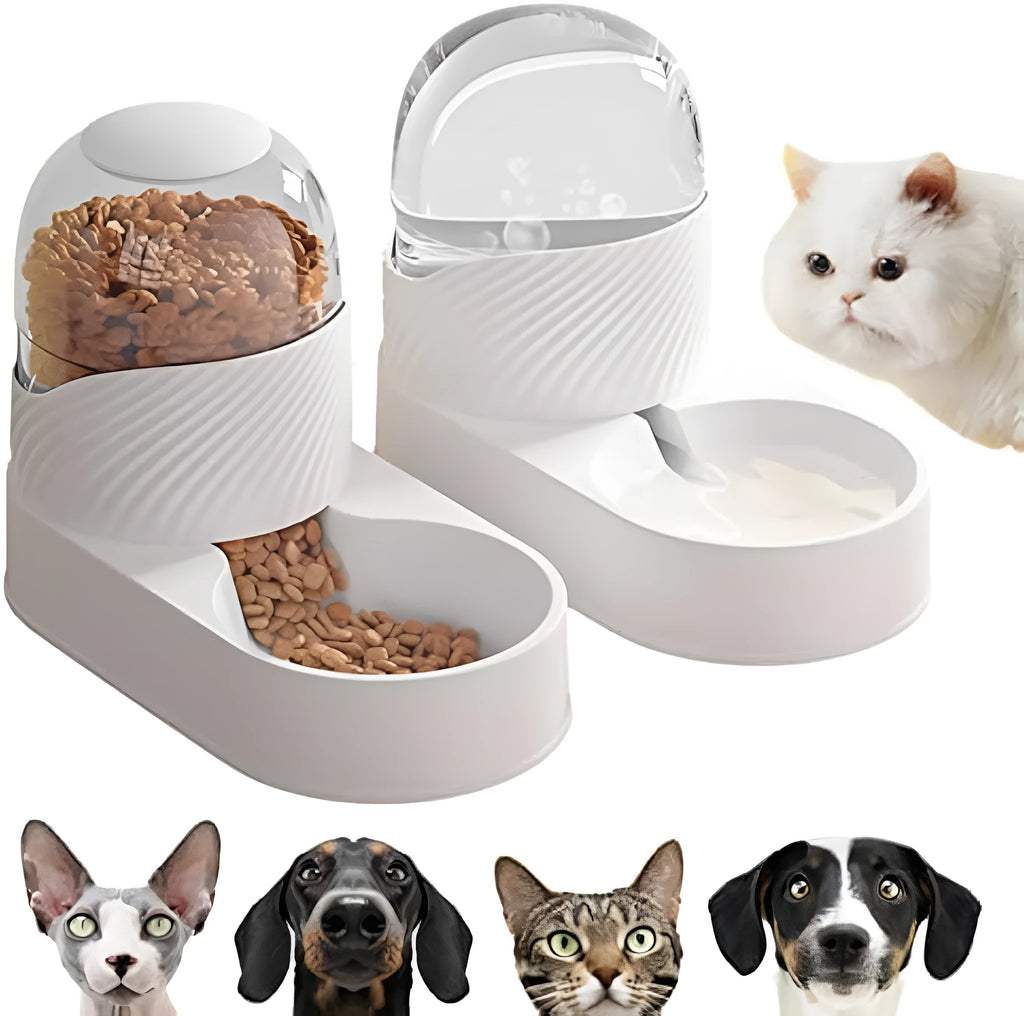 White wave-shaped automatic cat feeder and water dispenser set with 2-litre capacity.