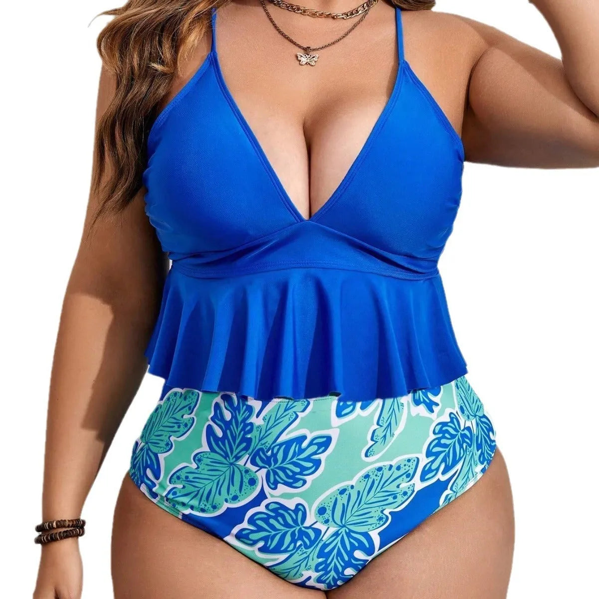 Blue women's two-piece polyester bikini swimsuit set with brief-style shorts