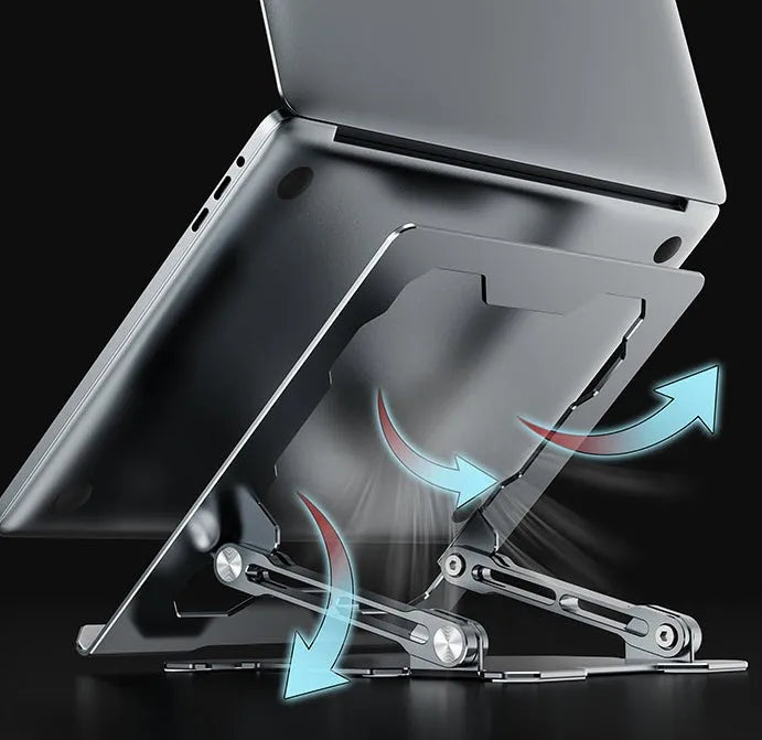 Grey aluminium laptop stand with adjustable angle, shown holding a silver laptop.