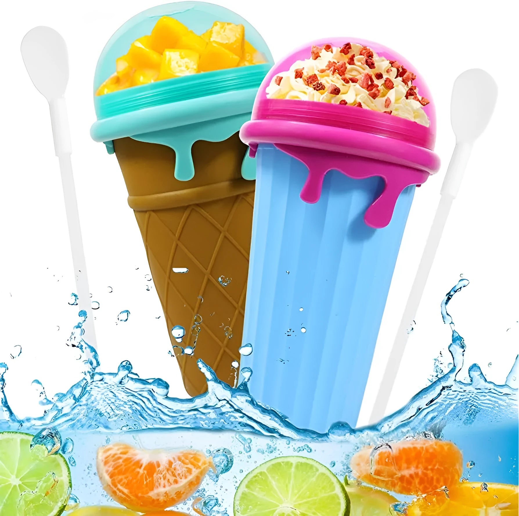 Blue 500ml silicone slushy maker cup with squeeze design for homemade smoothies