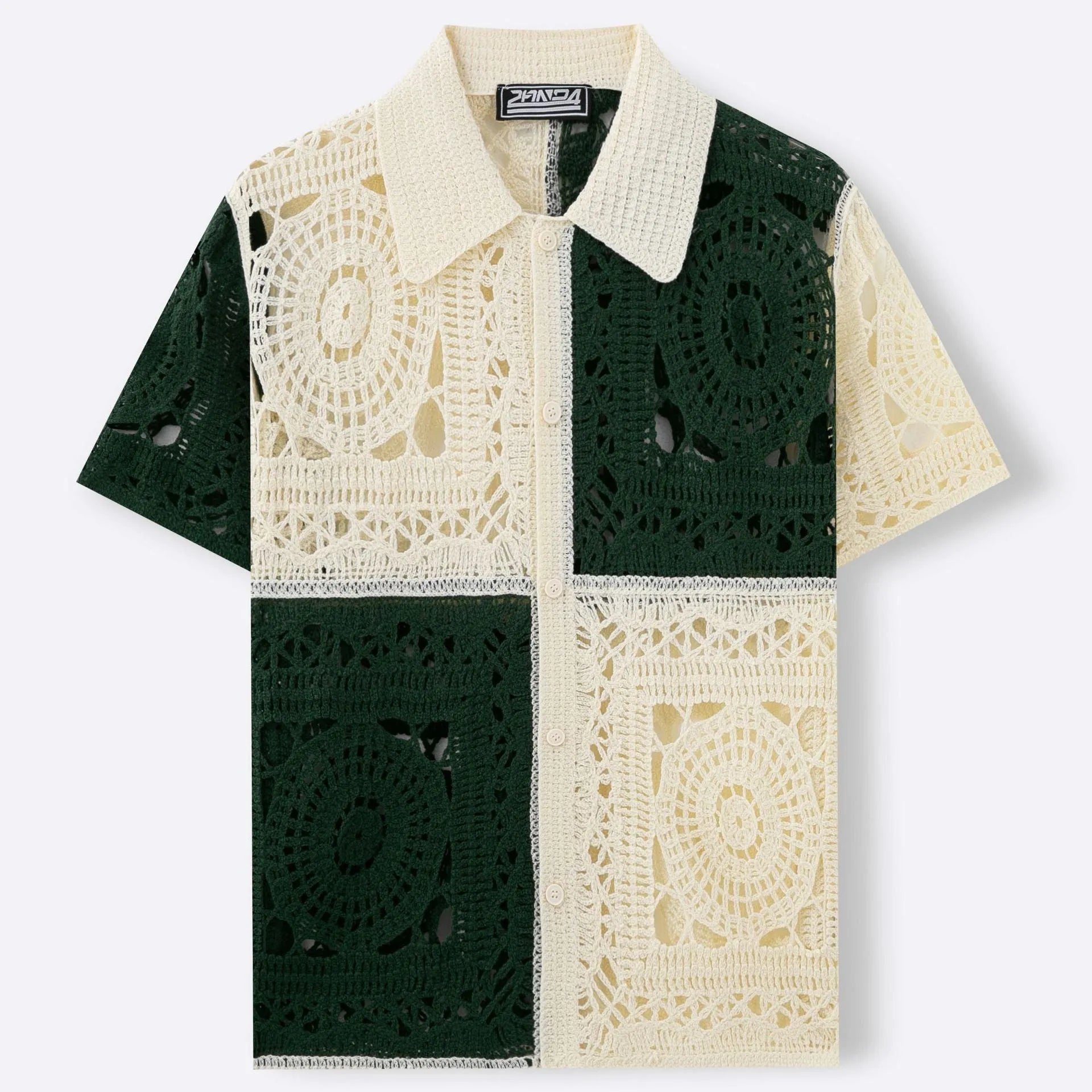 Men's beige colourblock knitted short sleeve shirt with flocking texture detail.