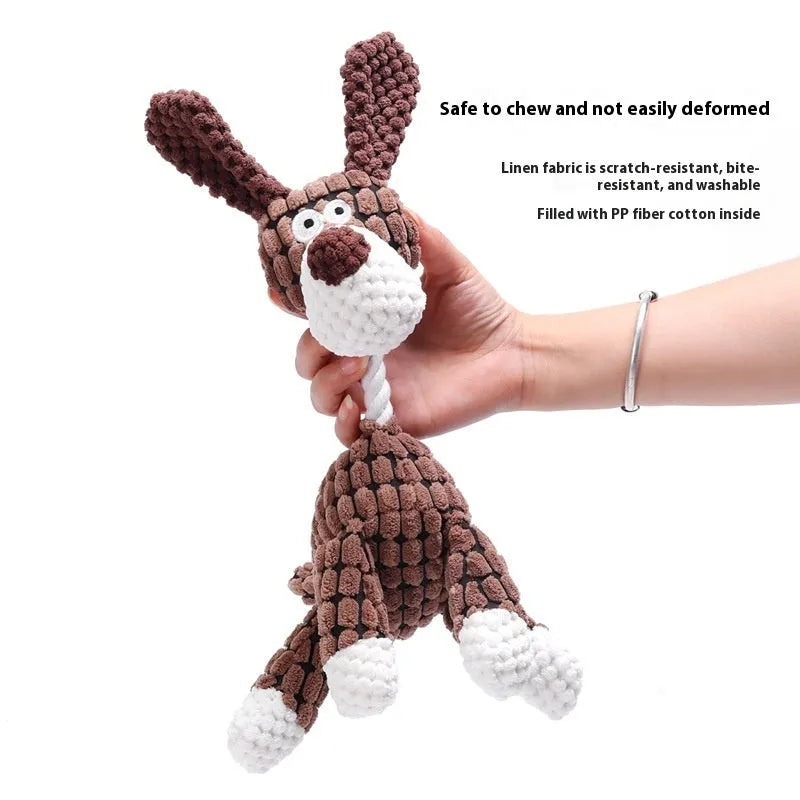 Soft plush dog toy shown as a pink grey donkey and a yellow rechargeable duck, for puppy teething and play.