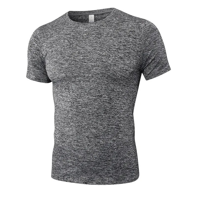Men's solid colour short-sleeved quick-drying stretch shirt for fitness exercise on a hanger