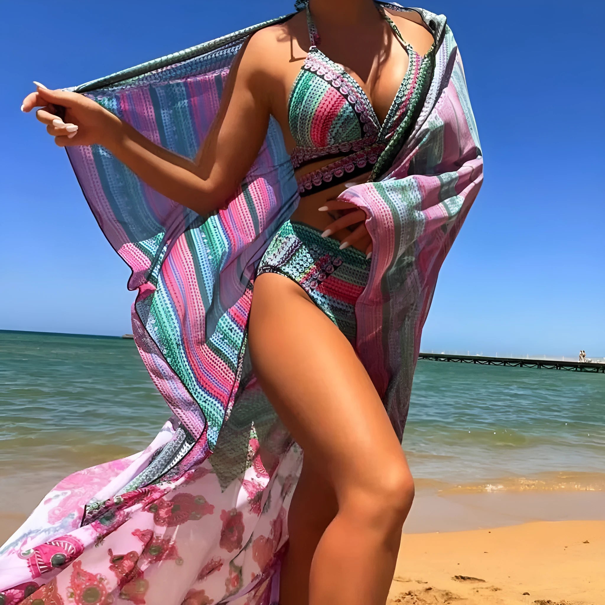 Women's high-waisted bikini swimsuit with cross bandage design in three-piece set
