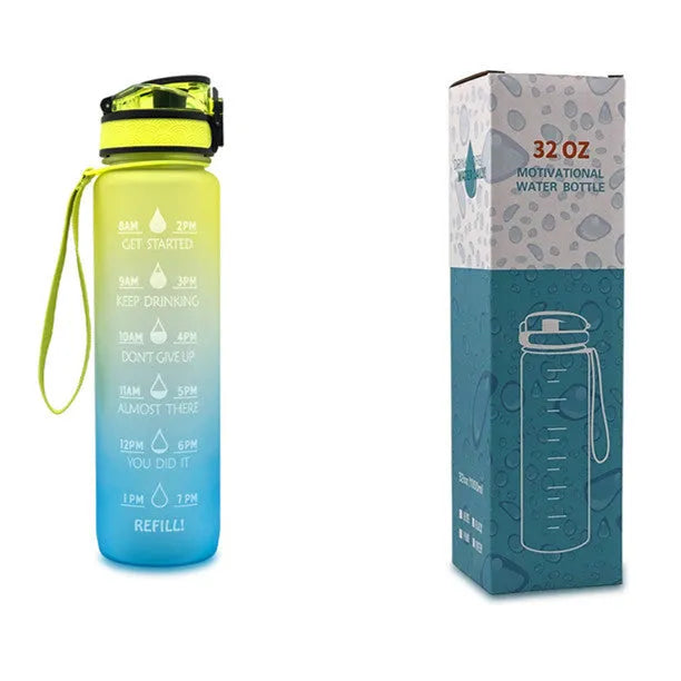 Blue and red gradient 1 litre Tritan sports water bottle with time markers and flip-top lid