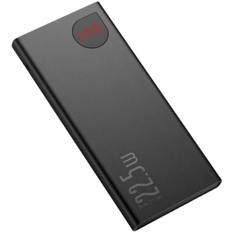 Black 10000mAh power bank with Huawei 22.5W super fast charge, external screen, and multi-port output on a white background