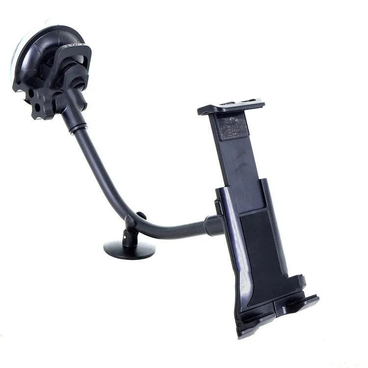 Black universal car tablet holder with suction cup mounted on a dashboard, holding an iPad.