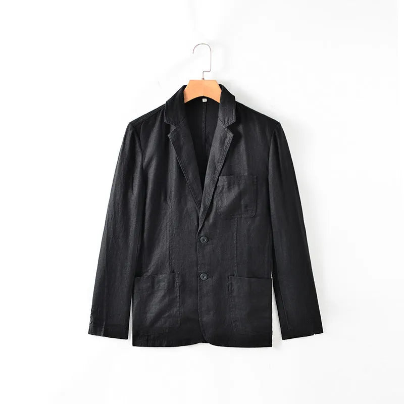 Men's solid colour linen suit jacket on a hanger, showing single-breasted front and size stick pocket detail.