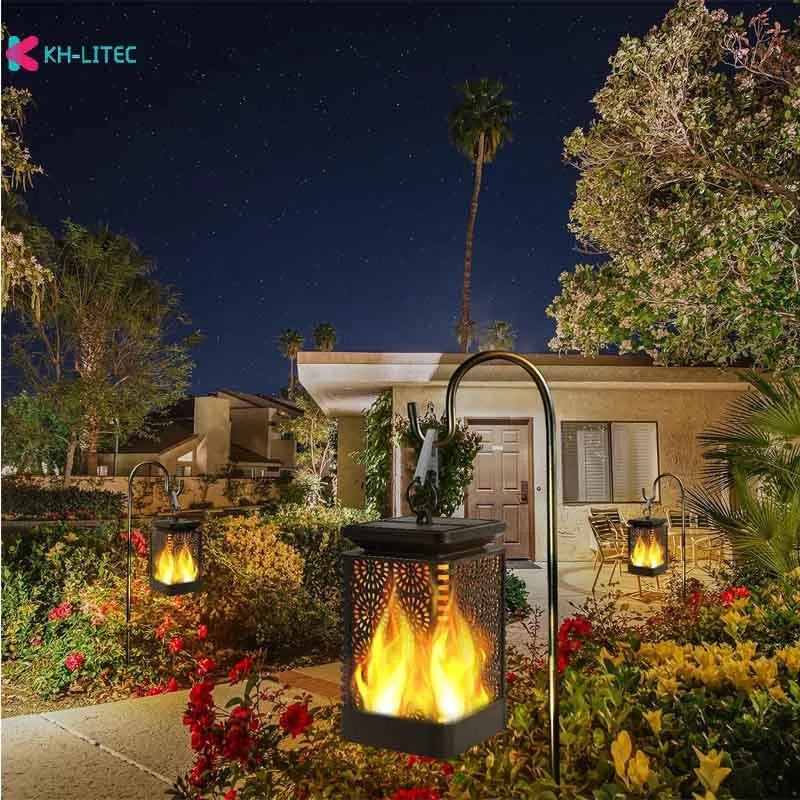 Black solar-powered hanging flame torch light for garden and patio decoration