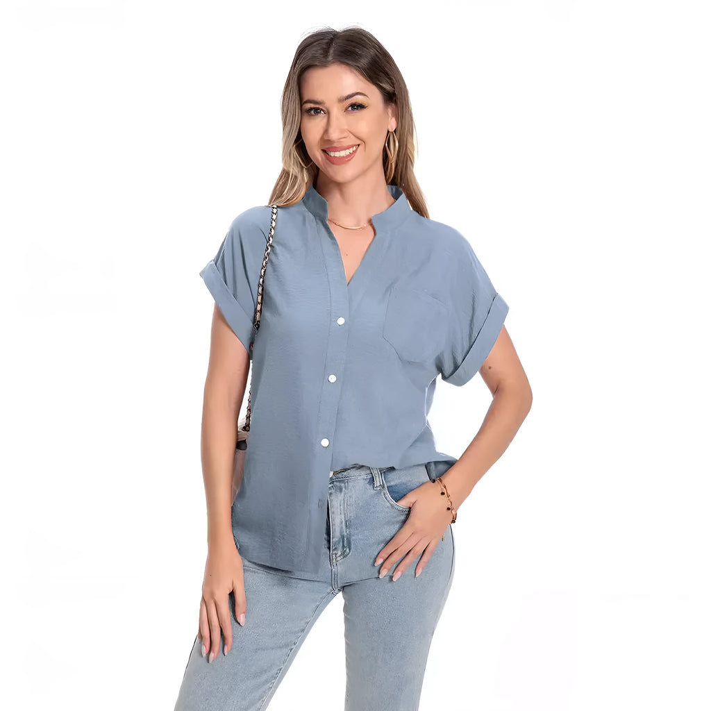 Women's loose fit short sleeve button-down top with stand collar in Army Green