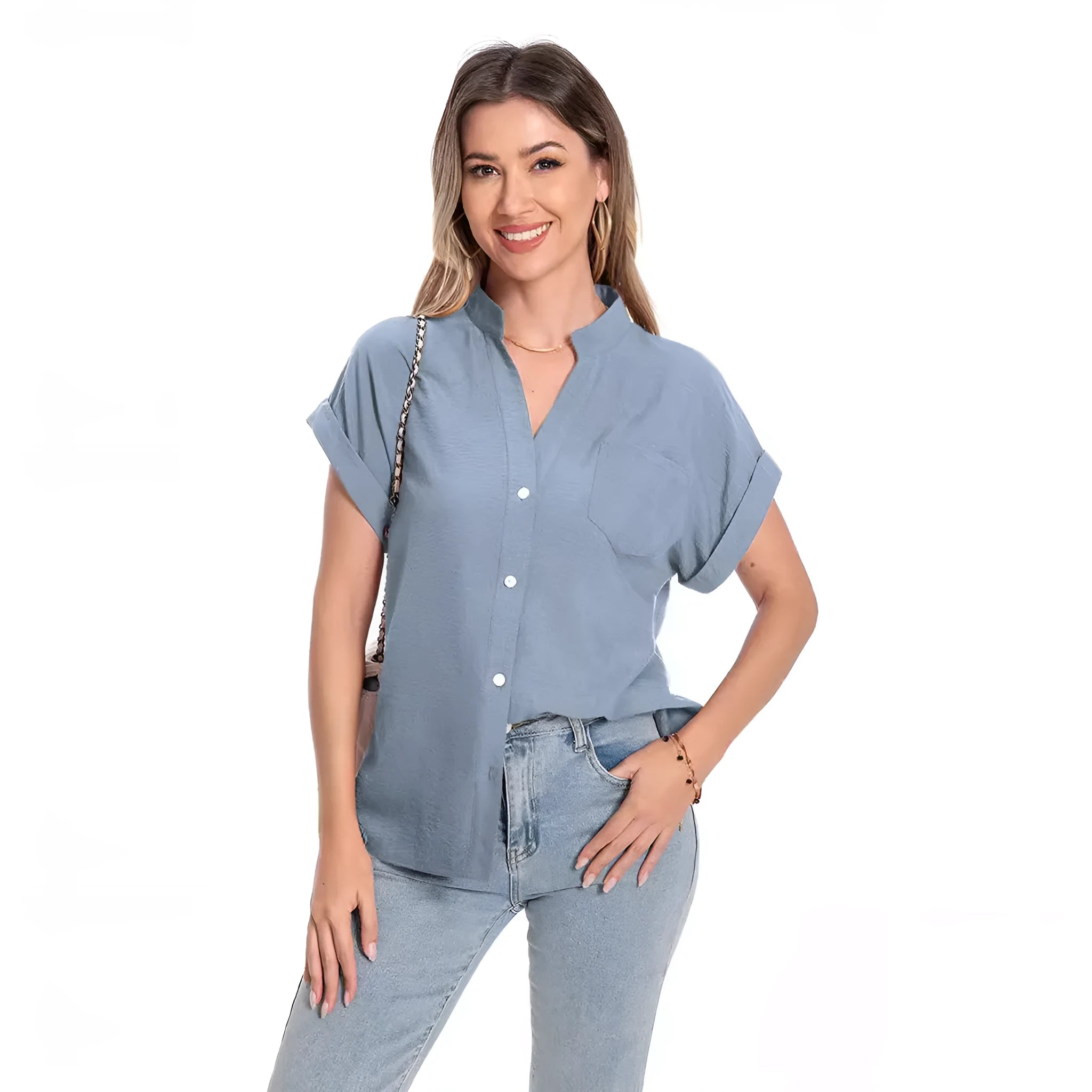 Women's loose fit short sleeve button-down top with stand collar in Army Green
