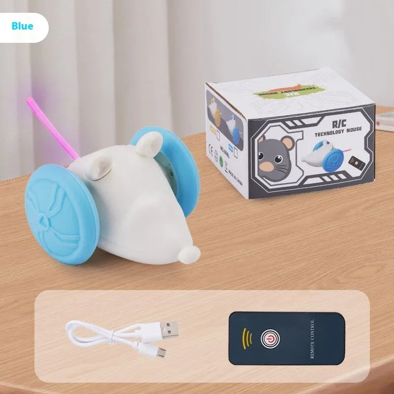 Electric moving cat toy with USB rechargeable remote control in blue technical mouse design