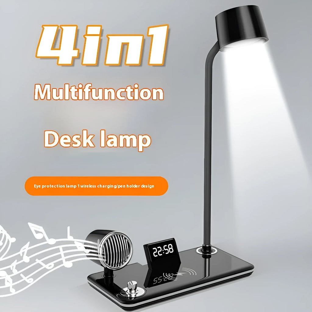 White wireless charging desk lamp with digital clock display showing time