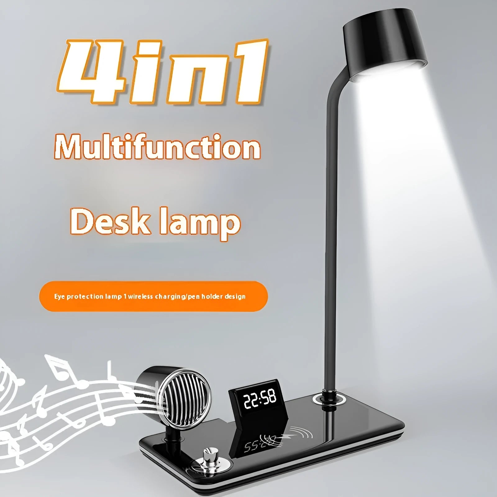 White wireless charging desk lamp with digital clock display showing time