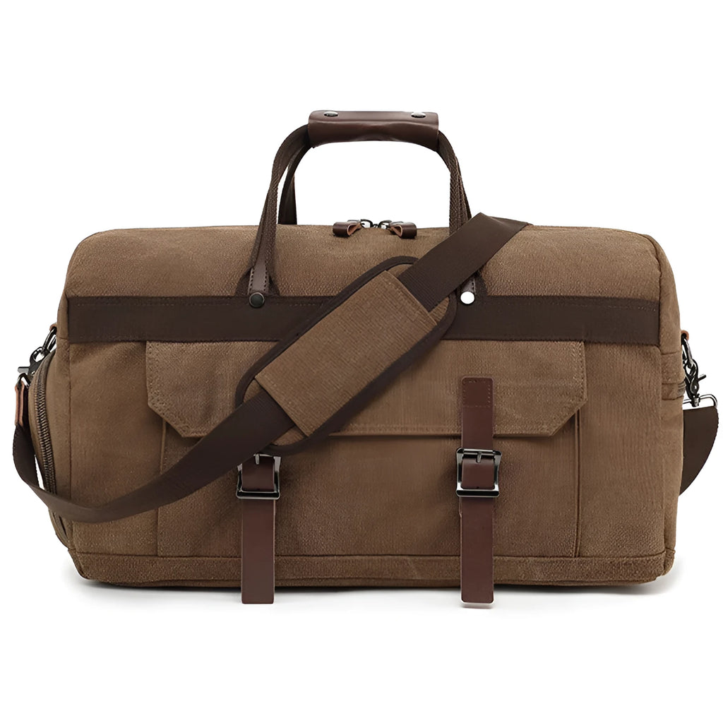Large canvas crossbody travel bag in retro style with visible sewing lines