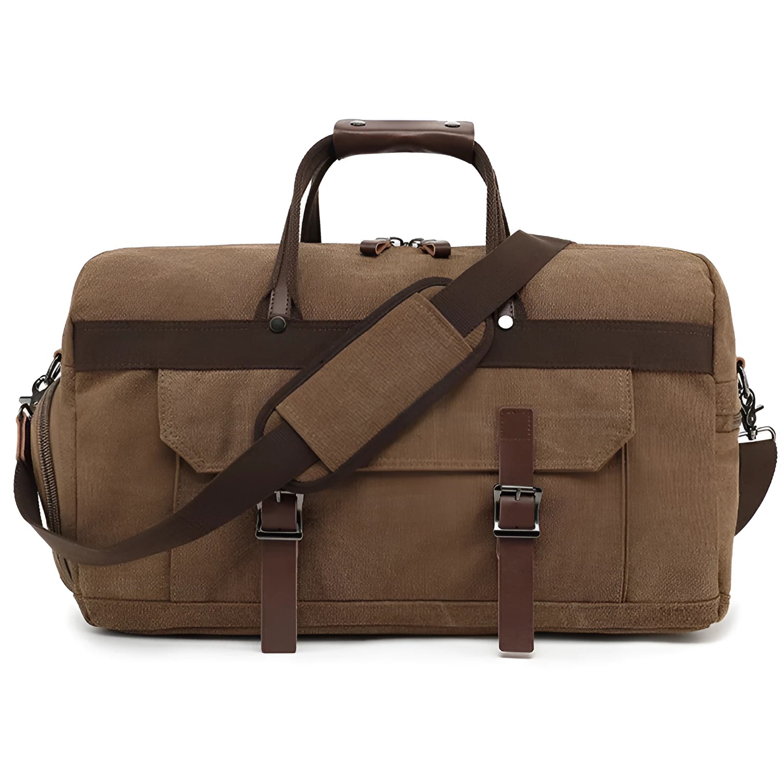 Large canvas crossbody travel bag in retro style with visible sewing lines